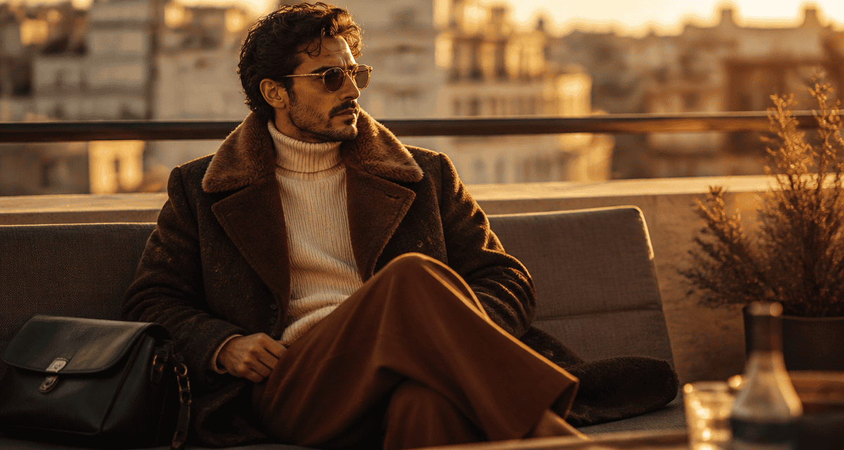 look homme 2025 manteau marron terrasse