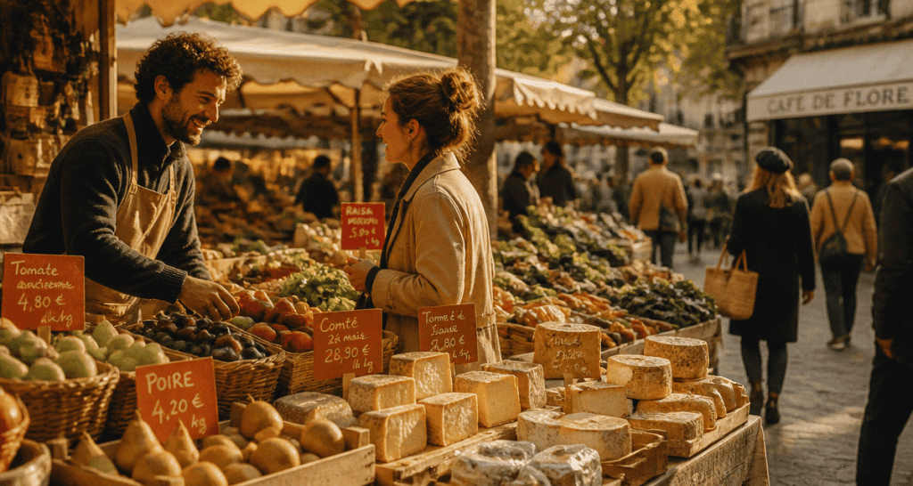marché à paris le dimanche étal fruits légumes ambiance