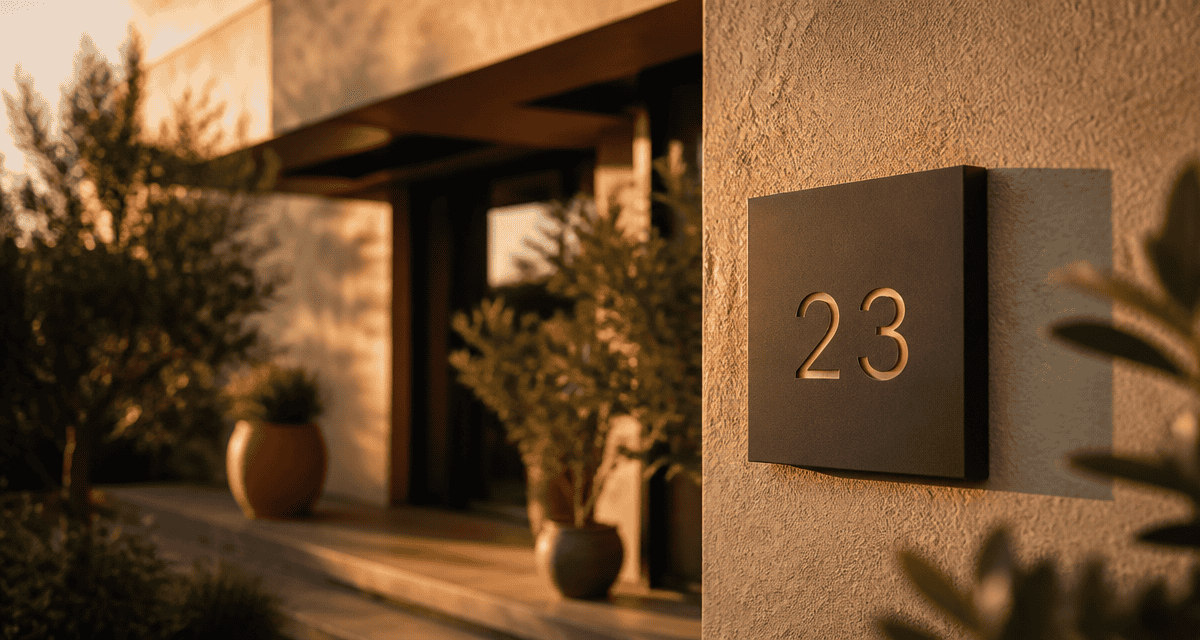 Numero de maison design moderne sur façade beige