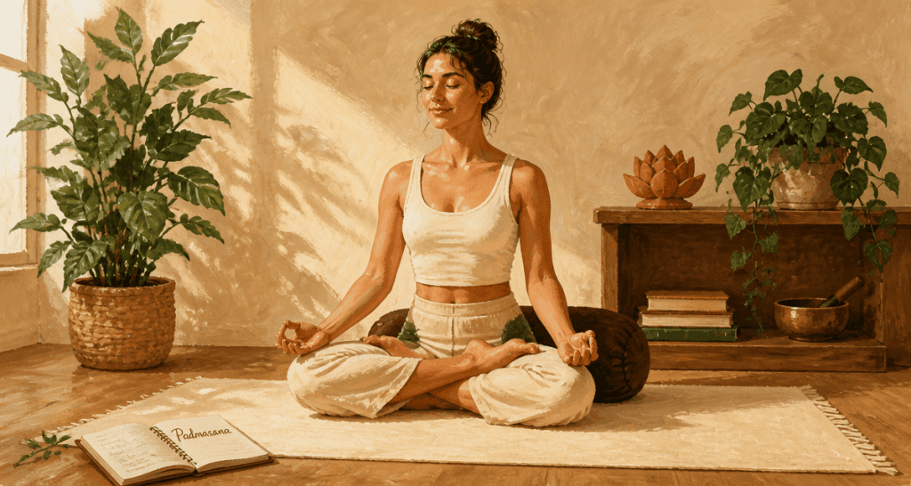 padmasana position sur tapis crème ambiance zen