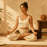 padmasana position sur tapis crème ambiance zen