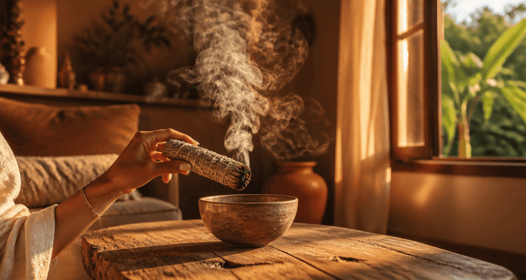 Purification sauge maison dans salon lumineux
