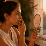 Jeune femme examine son nez après rinoplastie au coucher du soleil