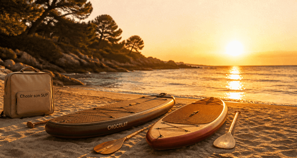 stand up paddle board gonflable et rigide sur plage au coucher du soleil
