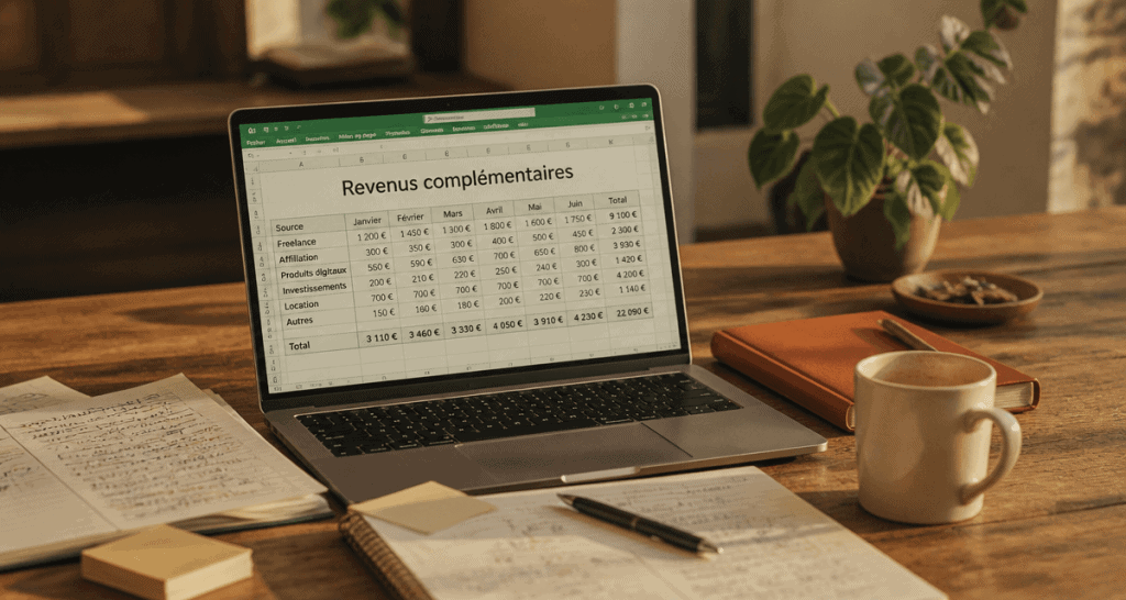 Télétravail pour arrondir ses fins de mois, ordinateur et tableau Excel sur bureau