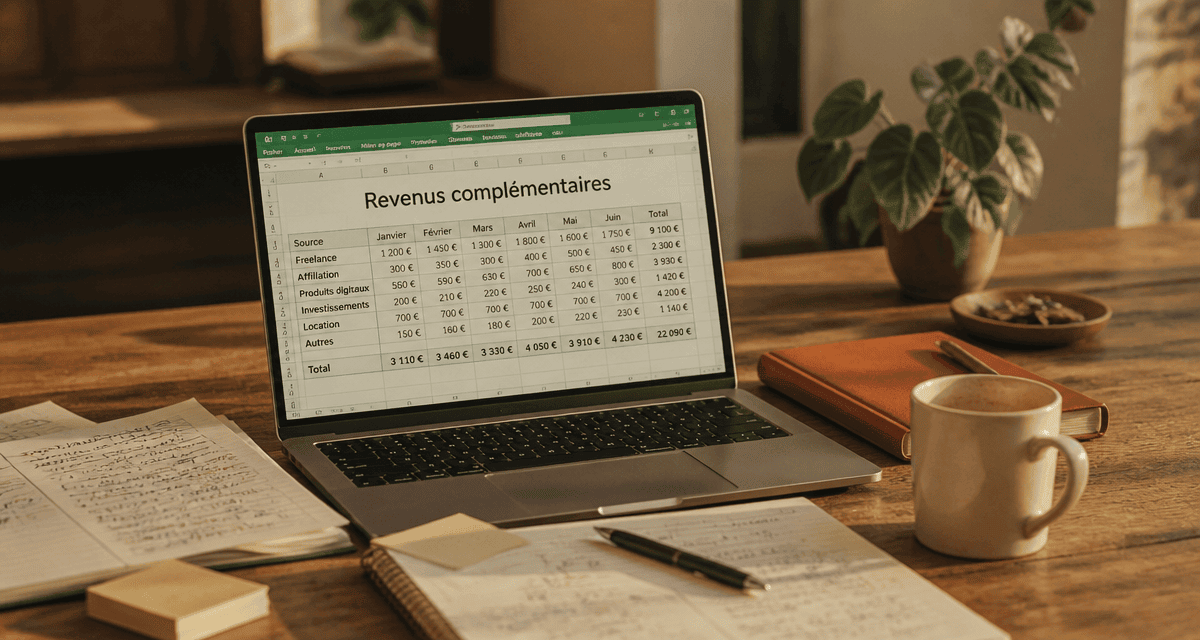 Télétravail pour arrondir ses fins de mois, ordinateur et tableau Excel sur bureau