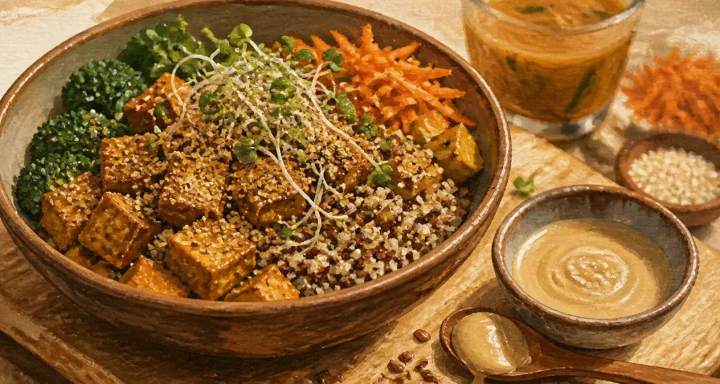 Aliments riches en oestrogenes : bol quinoa tempeh, graines de lin, pousses