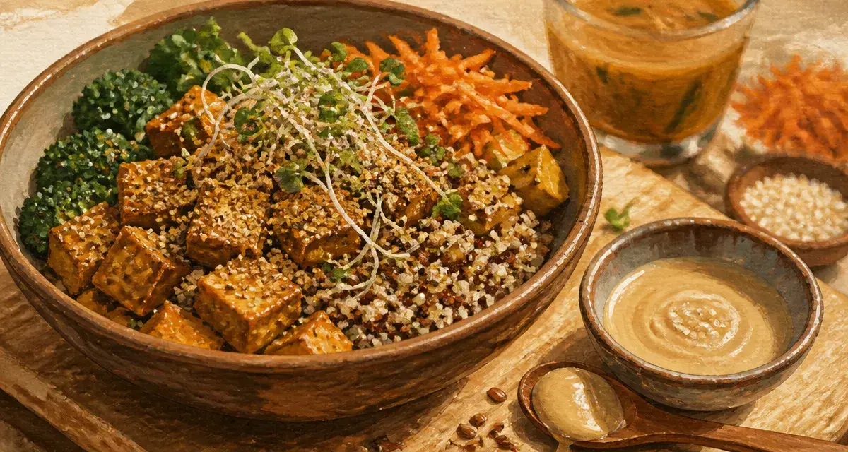 Aliments riches en oestrogenes : bol quinoa tempeh, graines de lin, pousses