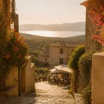 Beaux villages autour de sainte-maxime : ruelle pavée de Gassin au golden hour