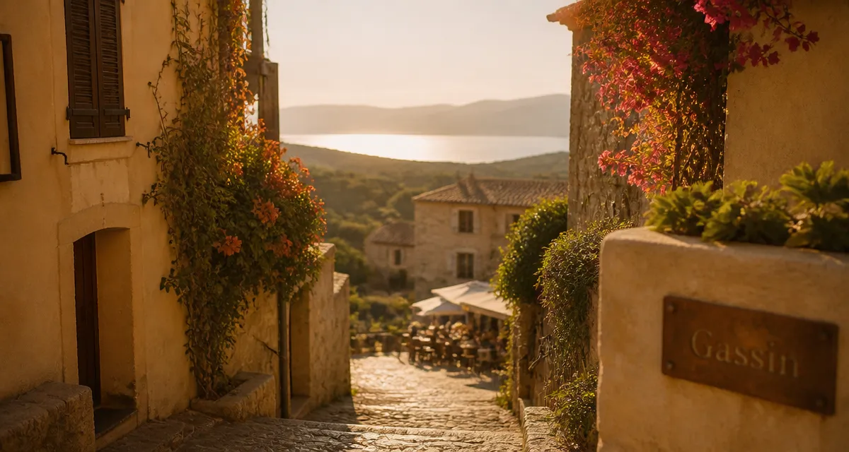 Beaux villages autour de sainte-maxime : ruelle pavée de Gassin au golden hour