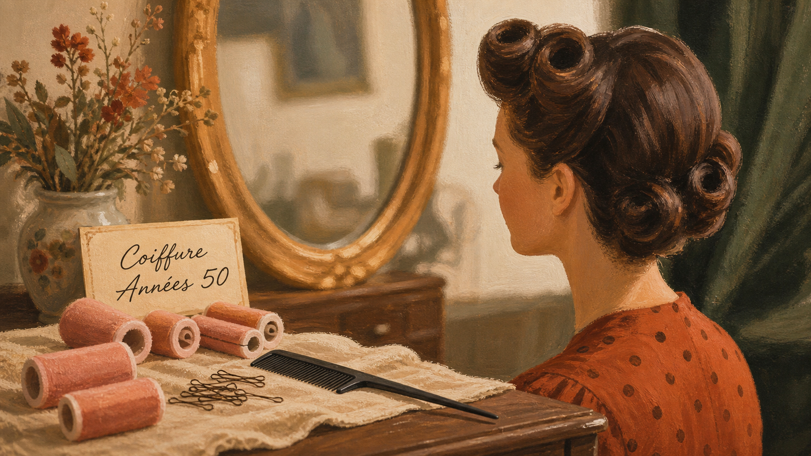 Coiffure année 50 : boucles rétro Victory Rolls, bigoudis mousse et épingles