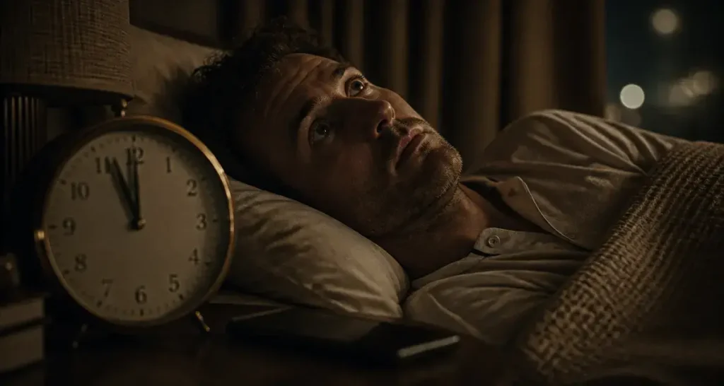 Comment s endormir vite quand on est pas fatigue : homme éveillé au lit, horloge proche de minuit