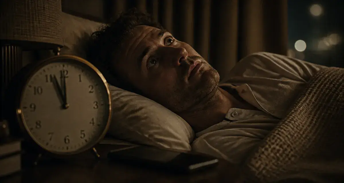 Comment s endormir vite quand on est pas fatigue : homme éveillé au lit, horloge proche de minuit
