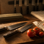 Couteaux professionnels de cuisine : couteau Gyuto et Santoku sur planche en bois