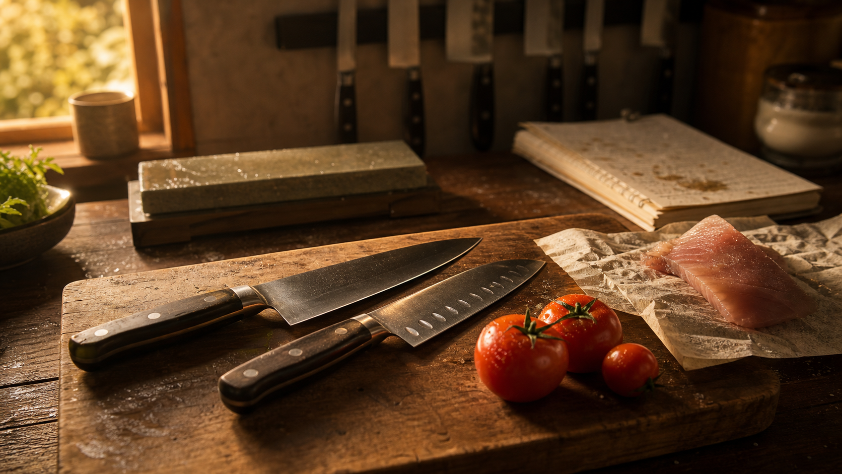 Couteaux professionnels de cuisine : couteau Gyuto et Santoku sur planche en bois