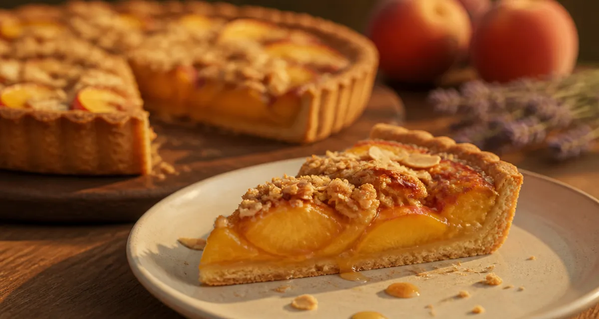 Desserts pêches : tarte aux pêches dorée et crumble sur fond bois