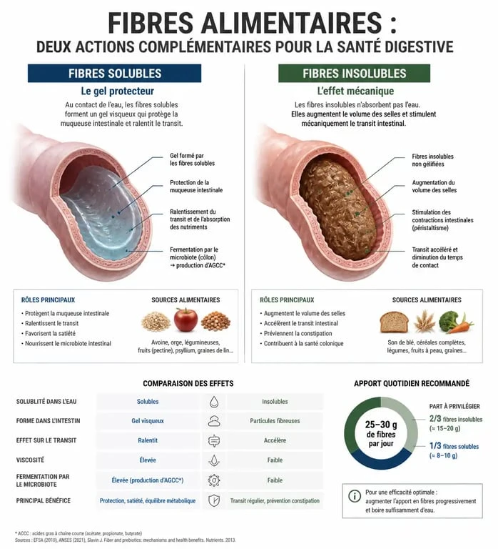 Infographie expliquant les bienfaits des aliments contenant des fibres solubles et insolubles pour la santé digestive