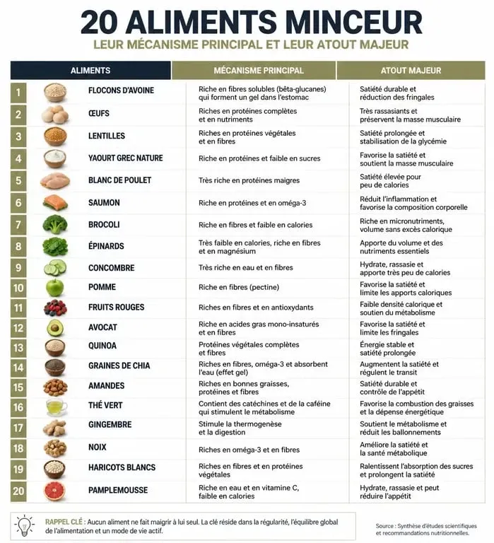 Infographie récapitulative des 20 aliments qui font maigrir et leurs bienfaits nutritionnels