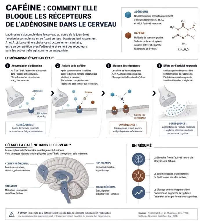 Infographie expliquant les effets néfastes du café sur le cerveau et le mécanisme de la caféine