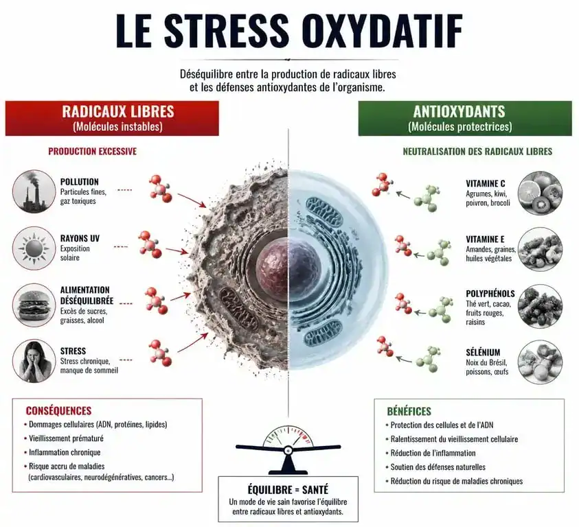 Schéma explicatif du stress oxydatif : équilibre entre radicaux libres et antioxydants dans l'organisme.