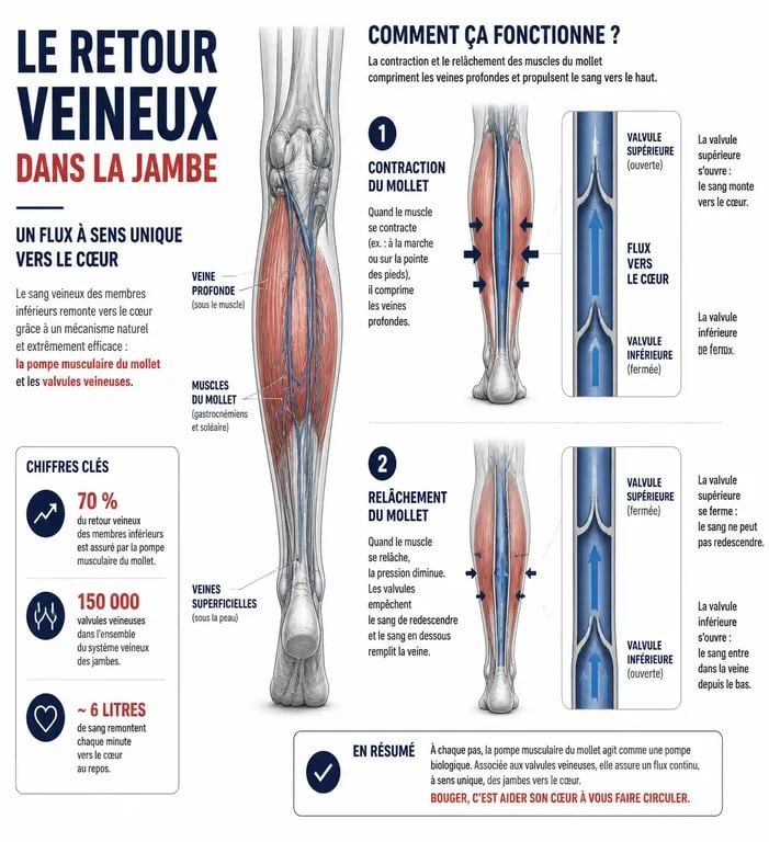 Schéma explicatif du mécanisme de retour veineux pour améliorer la circulation sanguine dans les jambes