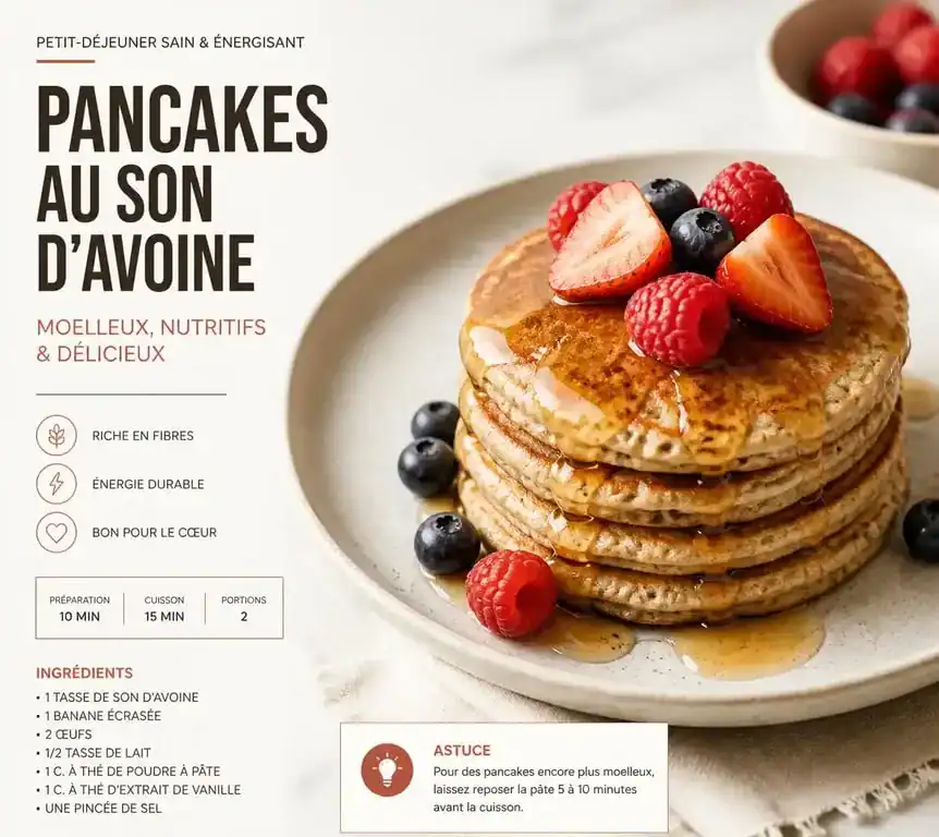 Pancakes moelleux au son d'avoine servis avec des fruits frais, recette saine et gourmande