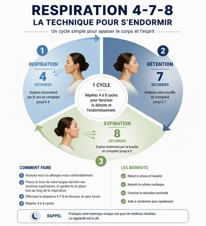 Infographie de la technique de respiration 4-7-8 pour s'endormir vite quand on n'est pas fatigué