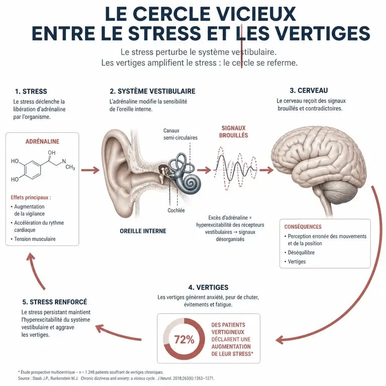 Schéma explicatif du lien entre le stress et les vertiges : mécanisme physiologique du conflit sensoriel.