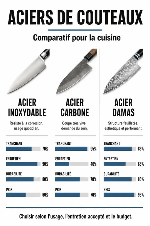 Comparatif des types d'acier pour couteaux professionnels de cuisine : Inox, Carbone et Damas