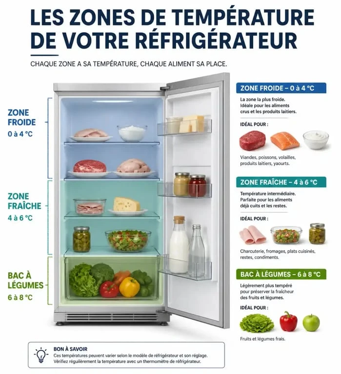 Schéma des zones de température pour bien ranger son frigo et conserver les aliments