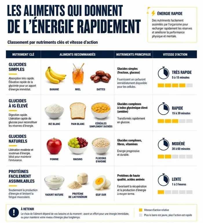 Infographie des aliments qui donnent de l'énergie rapidement et leurs bienfaits santé.