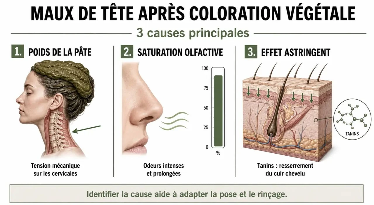 Infographie expliquant les causes des maux de tête après une coloration végétale : poids, odeur et tanins.