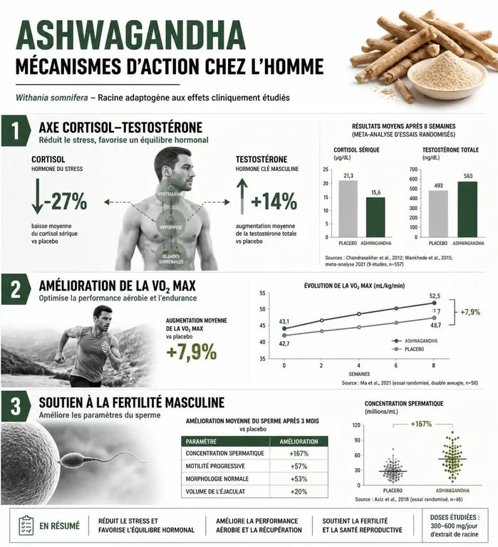 Infographie des bienfaits de l'ashwagandha pour les hommes : testostérone, stress et performance physique