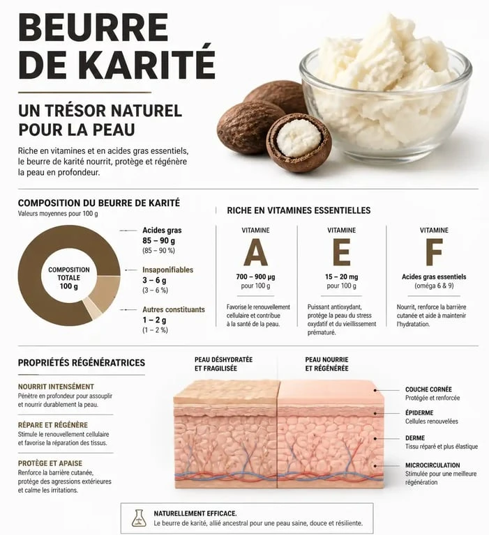 Infographie sur les bienfaits du beurre de karité pour la peau et les cheveux