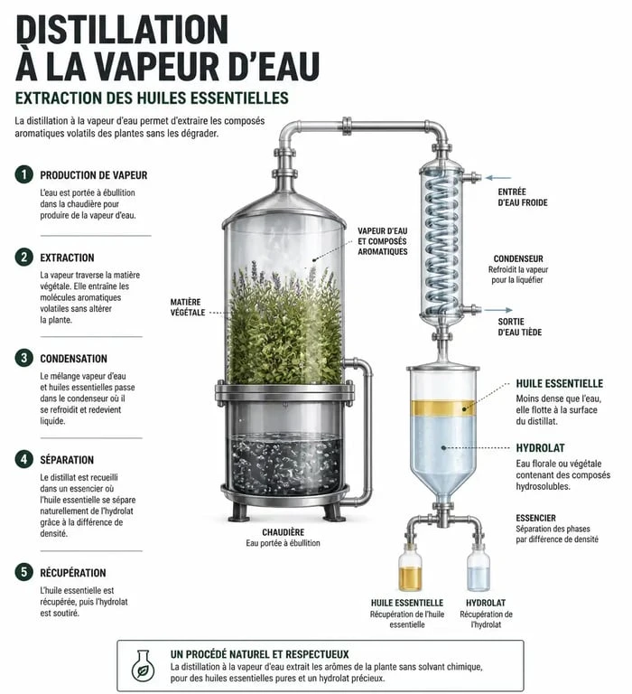 Schéma du processus de distillation à la vapeur d'eau pour l'obtention d'huiles essentielles en aromathérapie