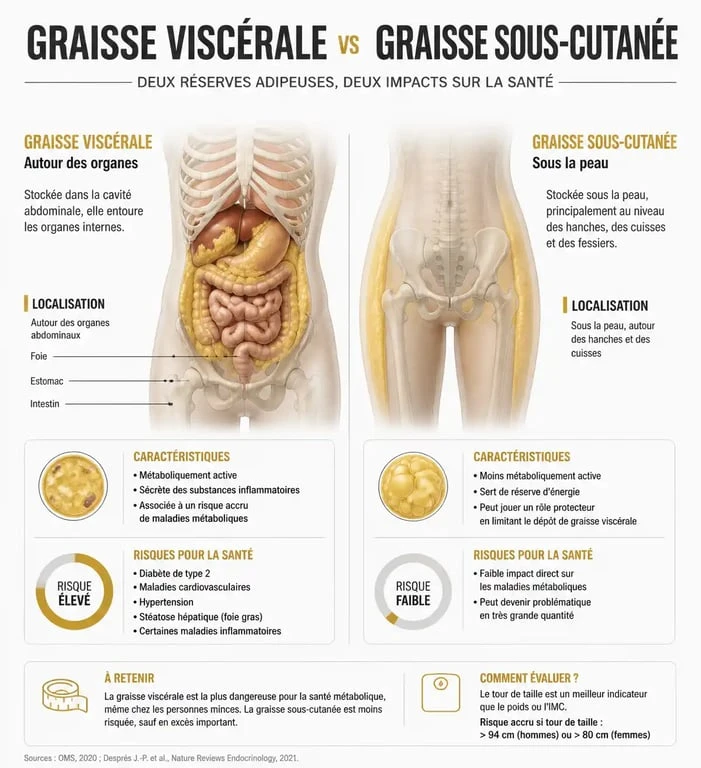 Schéma explicatif de la graisse viscérale et sous-cutanée pour perdre du ventre et hanche