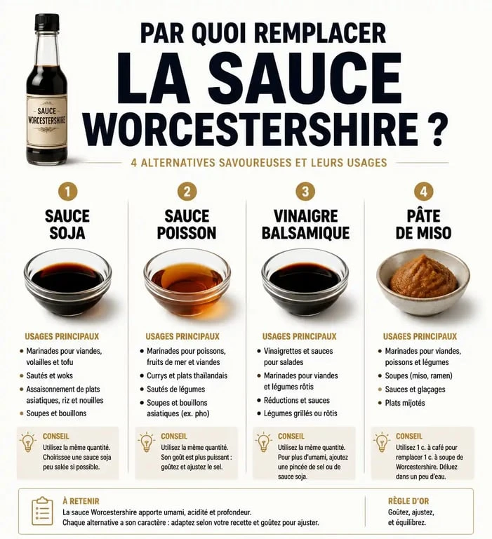 Infographie comparative des meilleures alternatives pour remplacer la sauce Worcestershire dans vos recettes.
