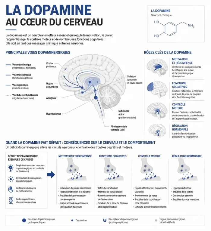 Infographie sur les symptômes du manque de dopamine et son impact sur le cerveau