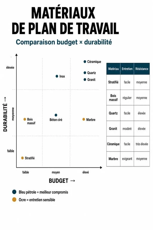 Tableau comparatif des matériaux de plan de travail de cuisine : durabilité et budget