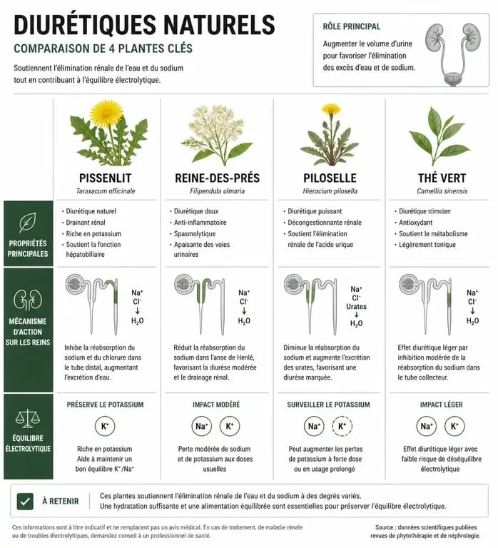 Infographie comparative des plantes agissant comme le plus puissant diurétique naturel pour la santé