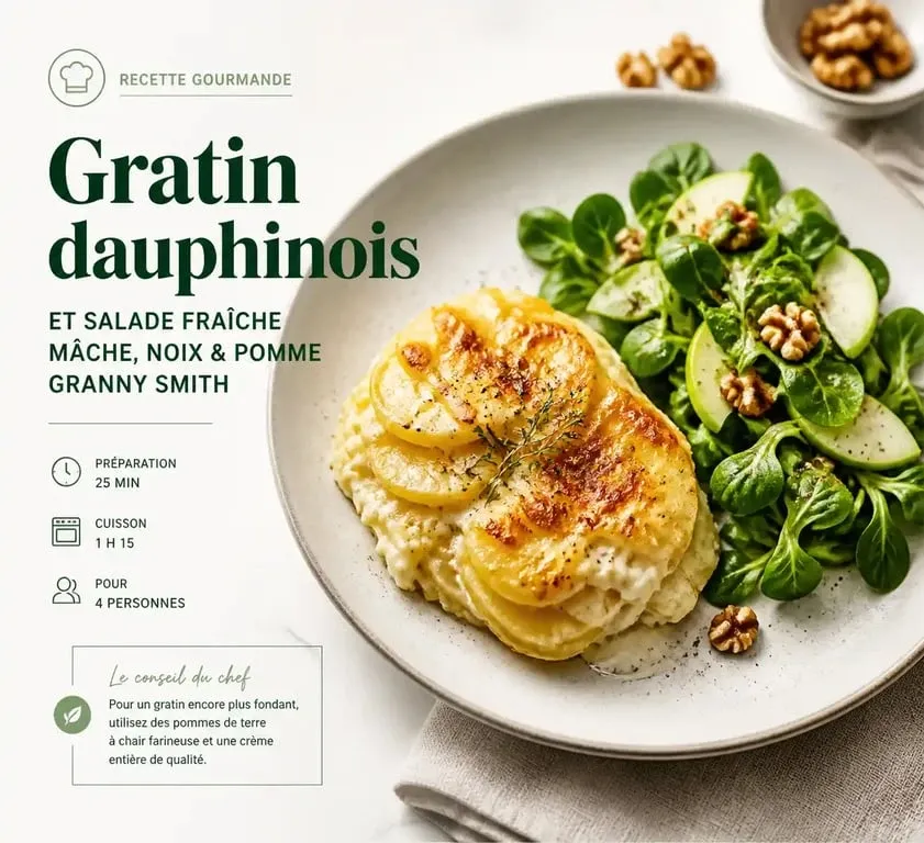 Gratin dauphinois sans viande accompagné d'une salade fraîche pour un repas végétarien équilibré