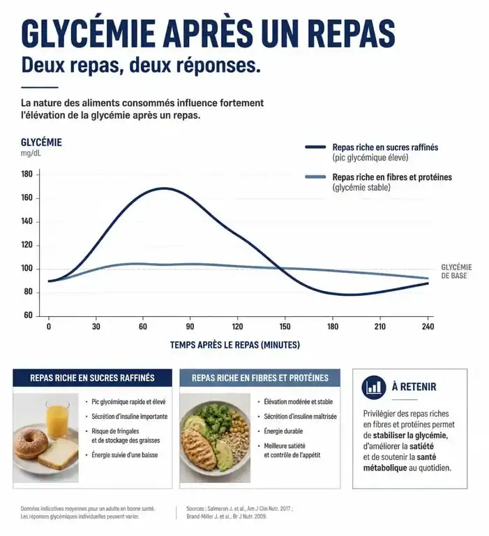 Infographie montrant comment faire baisser la glycémie grâce à une alimentation équilibrée et stable