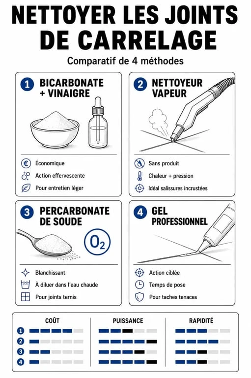 Infographie comparative des méthodes pour nettoyer les joints de carrelage au sol sans frotter