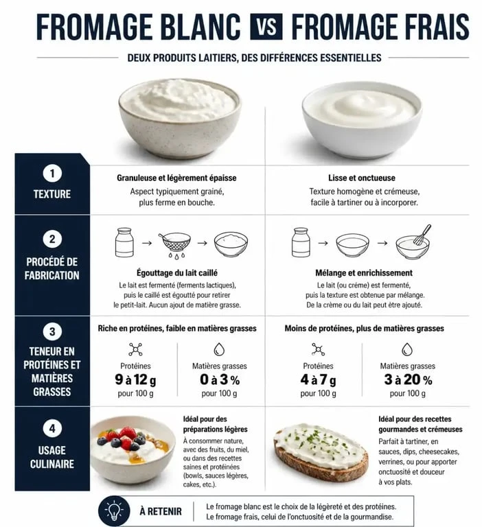 Infographie comparative des différences nutritionnelles et culinaires entre le fromage blanc et le fromage frais