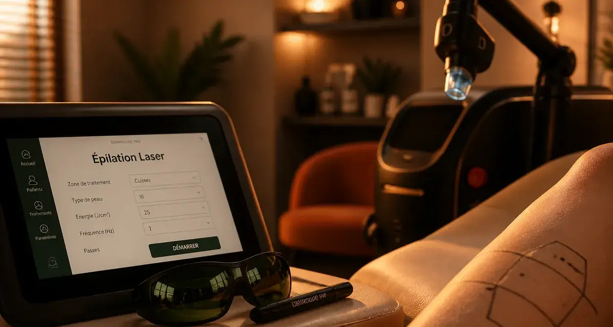 Épilation définitive au laser en cabine moderne, appareil et lunettes de protection