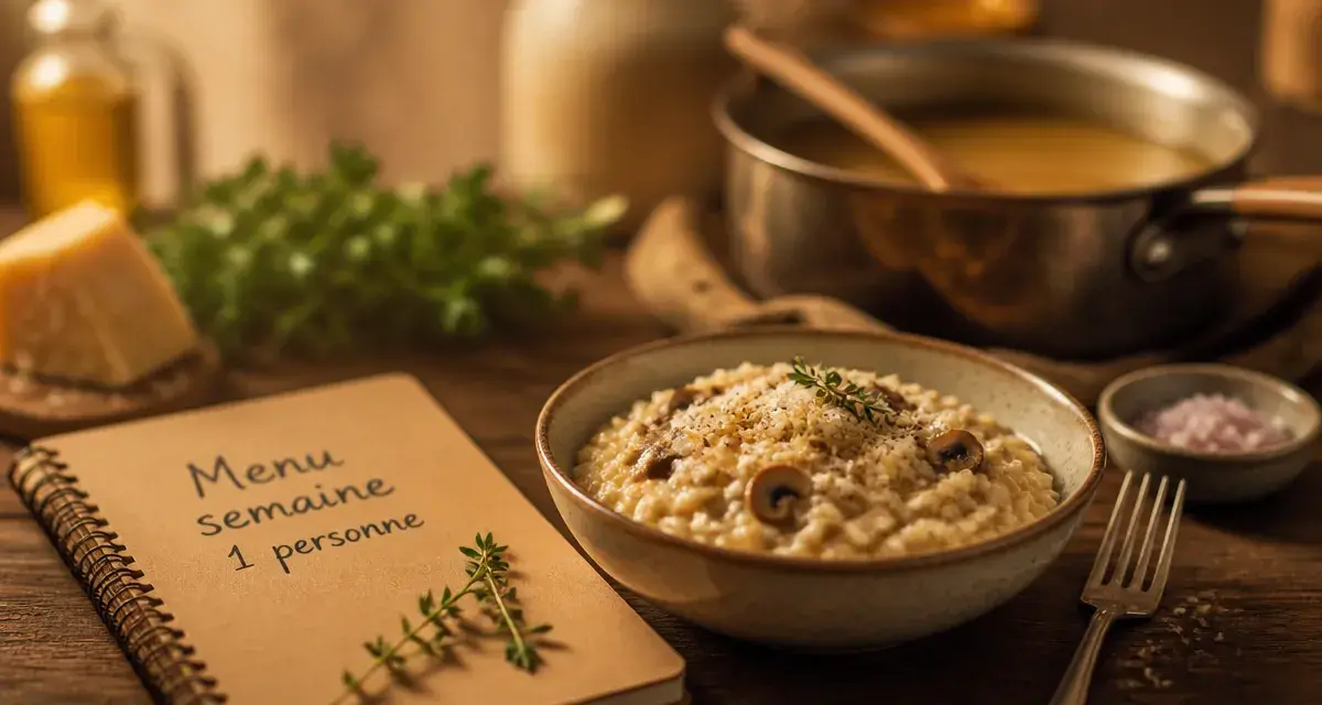 Menu semaine 1 personne : 7 repas équilibrés sans gaspillage, risotto aux champignons