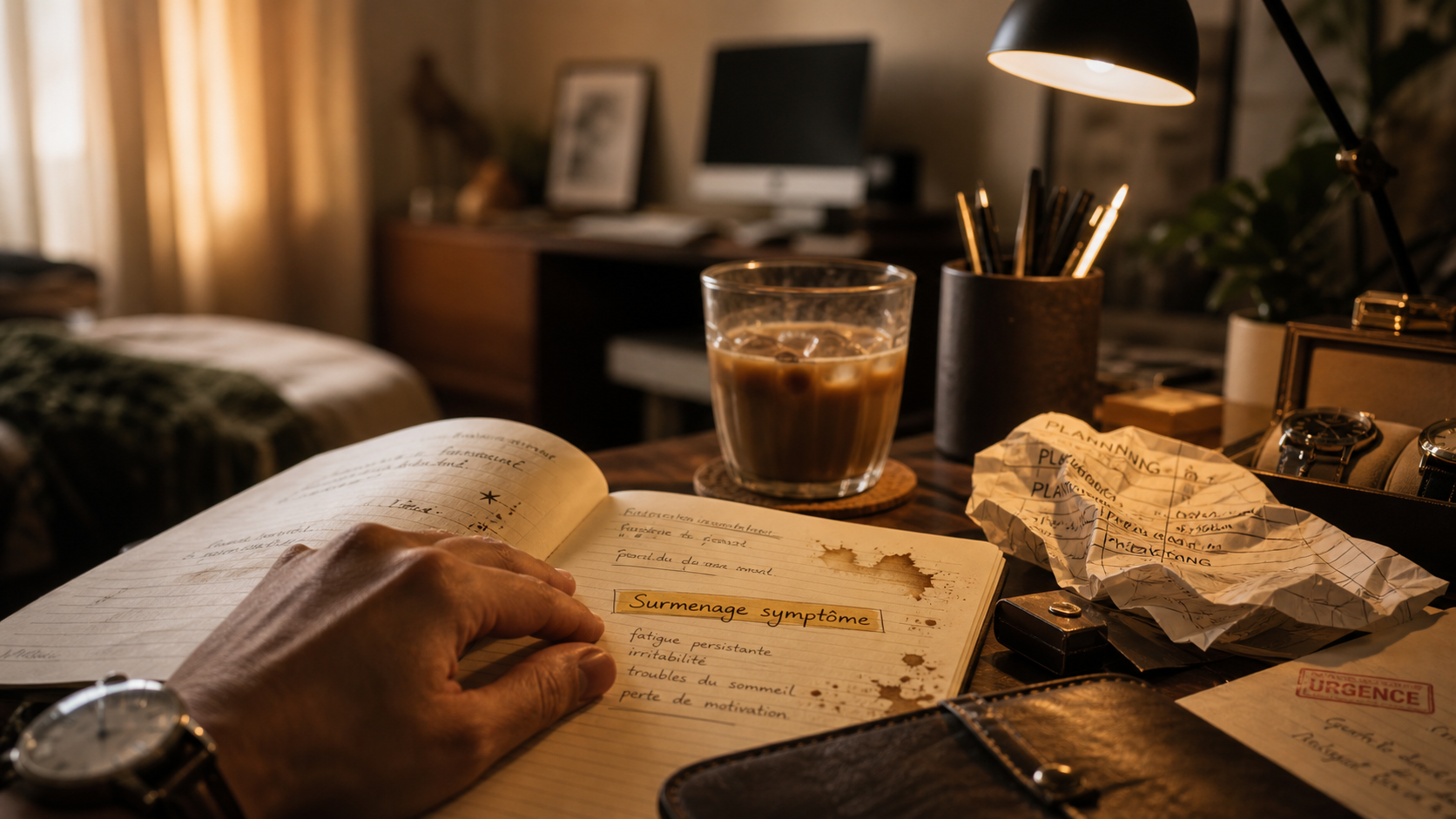 Surmenage symptôme : carnet avec surlignage, café froid, signes physiques