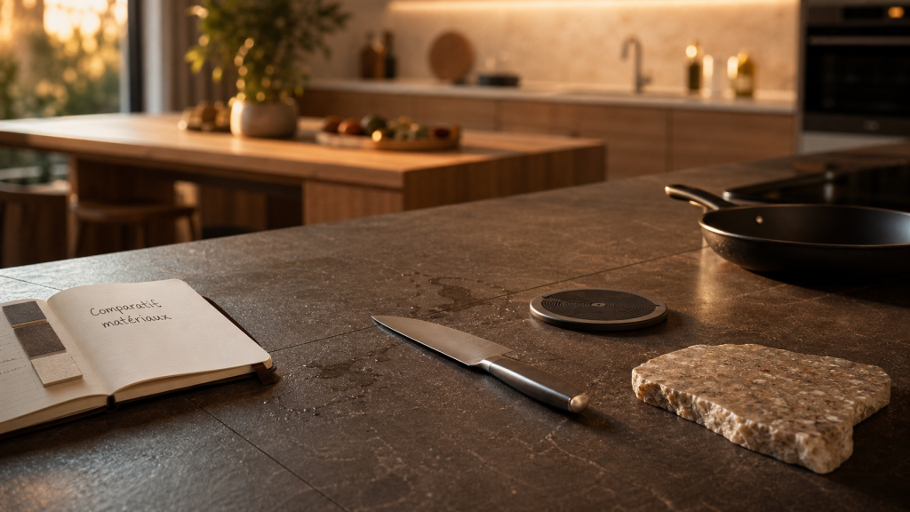 Tableau comparatif plan de travail cuisine : céramique et quartz en cuisine moderne