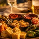 Tapas espagnols sur plateau en céramique, apéro golden hour