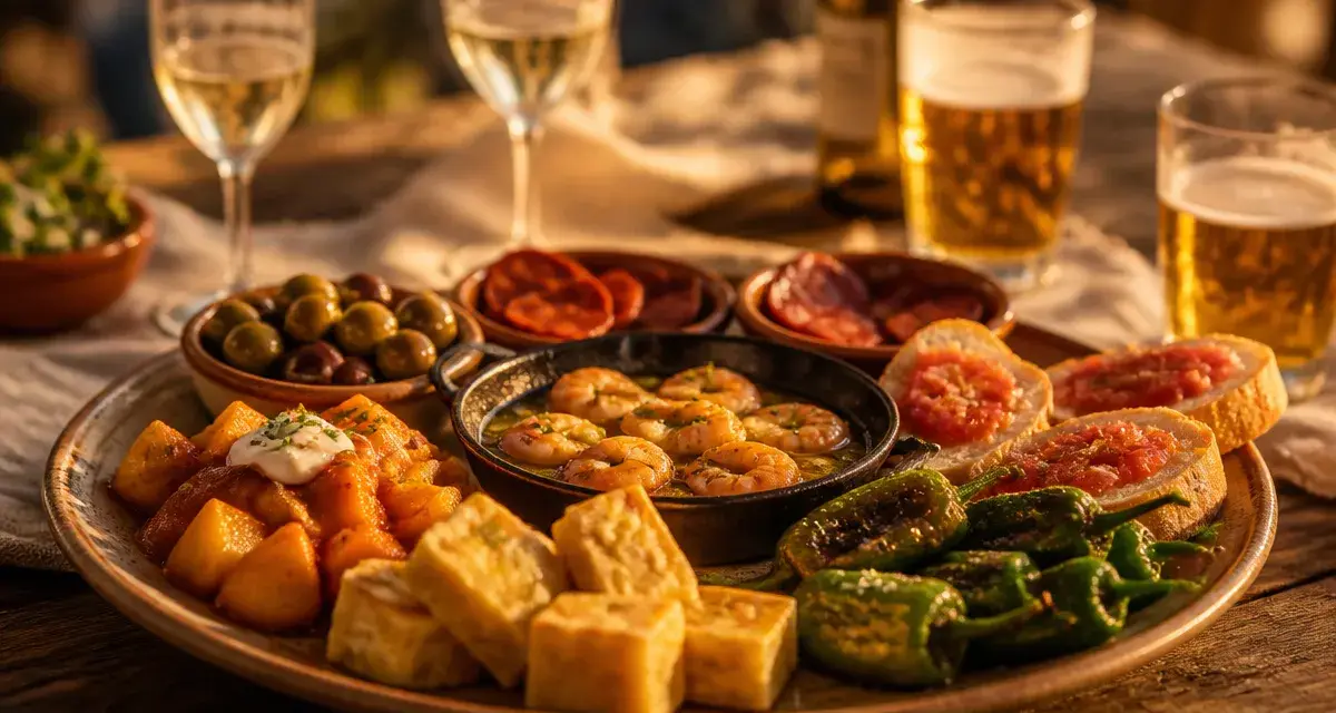 Tapas espagnols sur plateau en céramique, apéro golden hour
